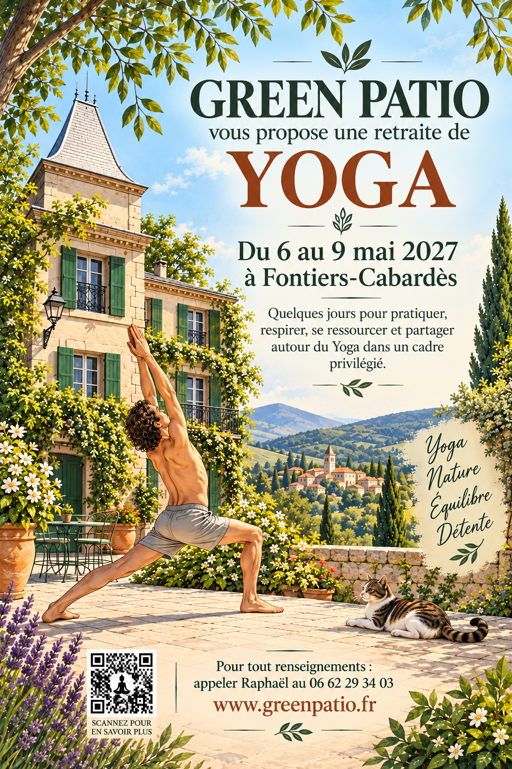 Affiche de la retraite de yoga du 6 au 9 mai 2027 à Fontiers-Cabardès